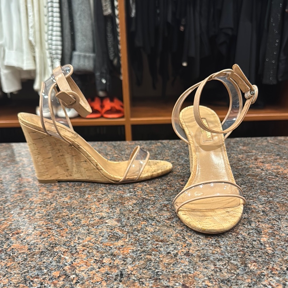 Authentic. Aquazzura Tan Wedge Sandals with Cork Platform